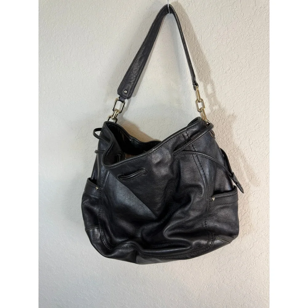Cole Haan Black‎ Leather Hobo Shoulder Bag Drawstring Buckle Accents Gold